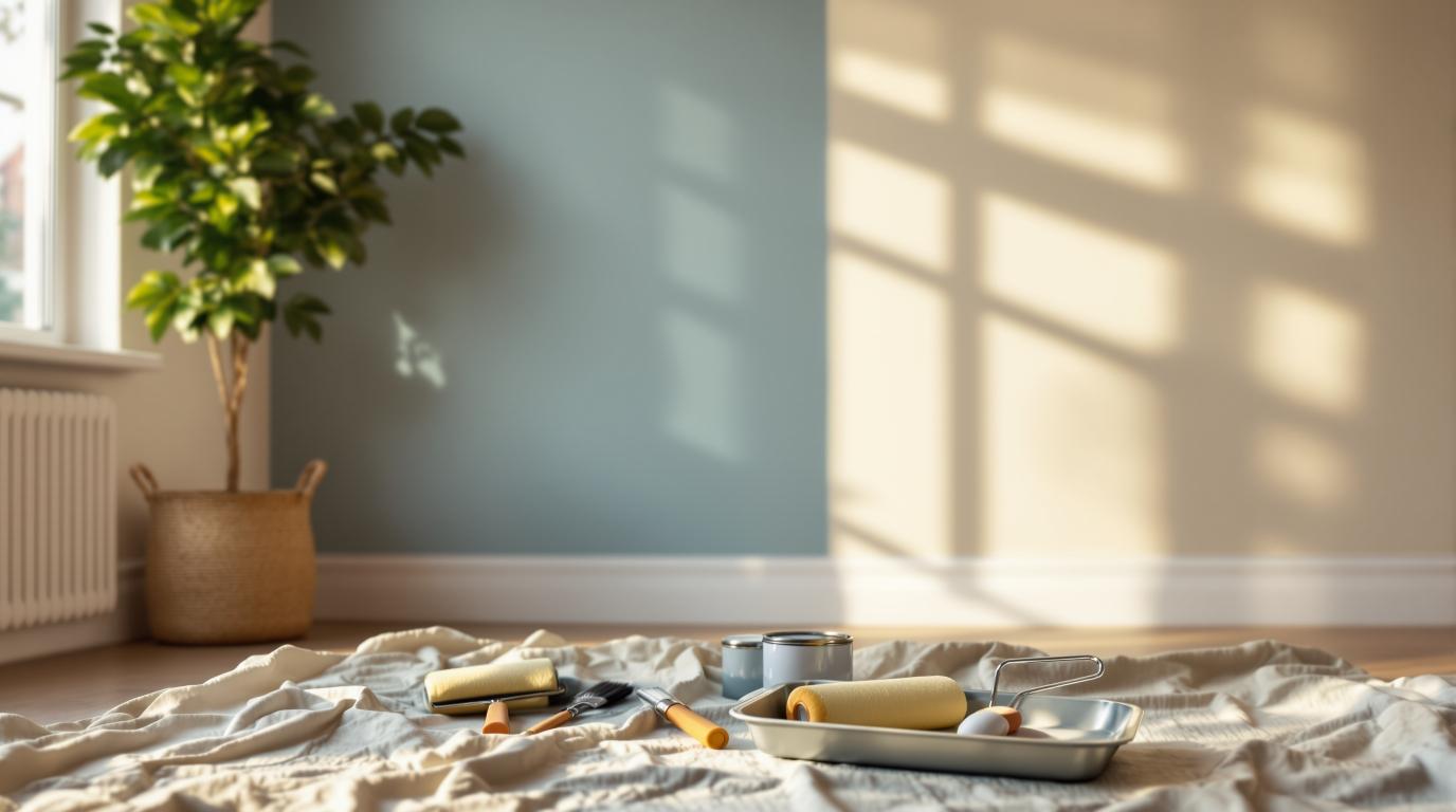 Person painting beautiful accent wall in modern living room with paint supplies and natural lighting - beginner-friendly DIY home improvement projects guide