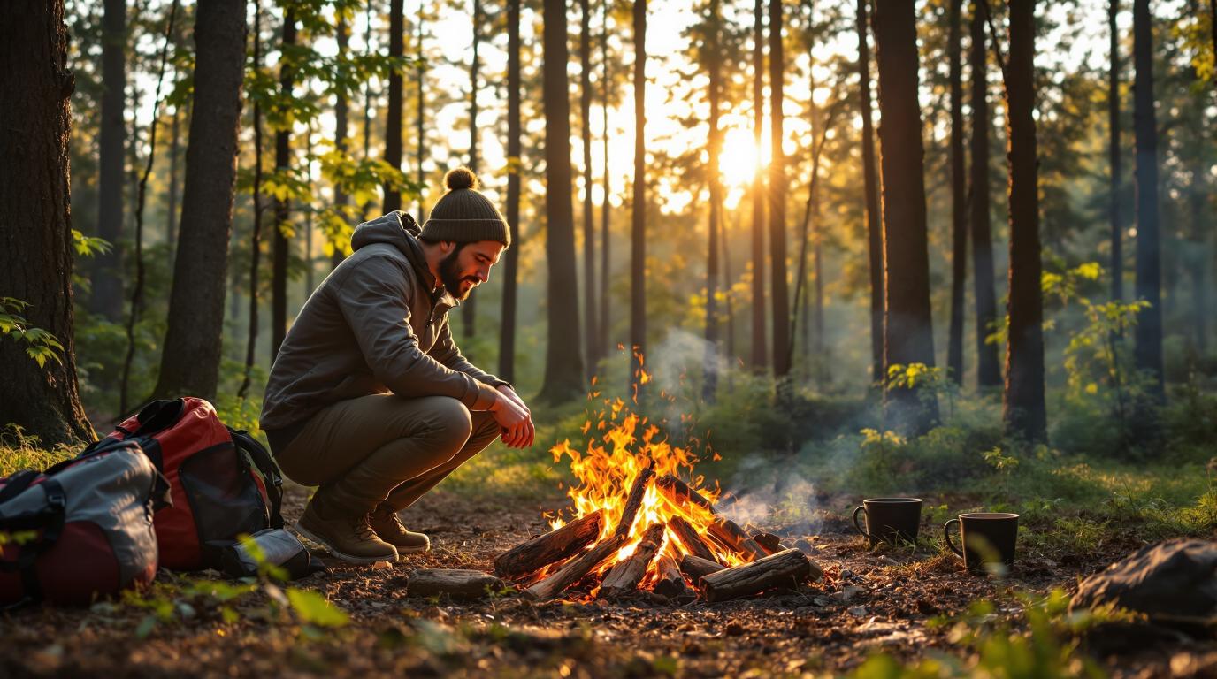 Beginner learning essential survival skills by building a campfire in forest clearing during golden hour - outdoor emergency preparedness training