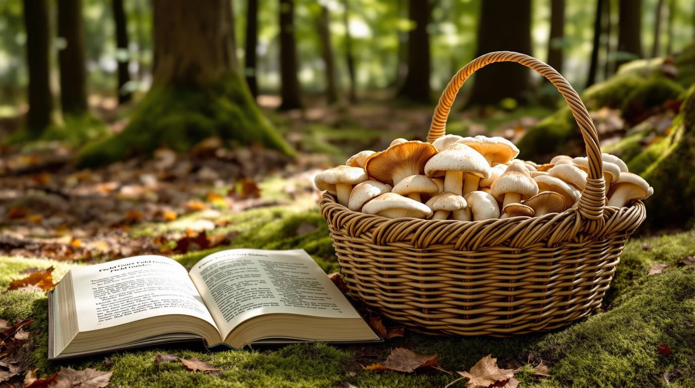 Woven basket with freshly foraged wild mushrooms and open field guide book on forest floor with moss and fallen leaves, illustrating safe mushroom foraging practices and proper identification methods