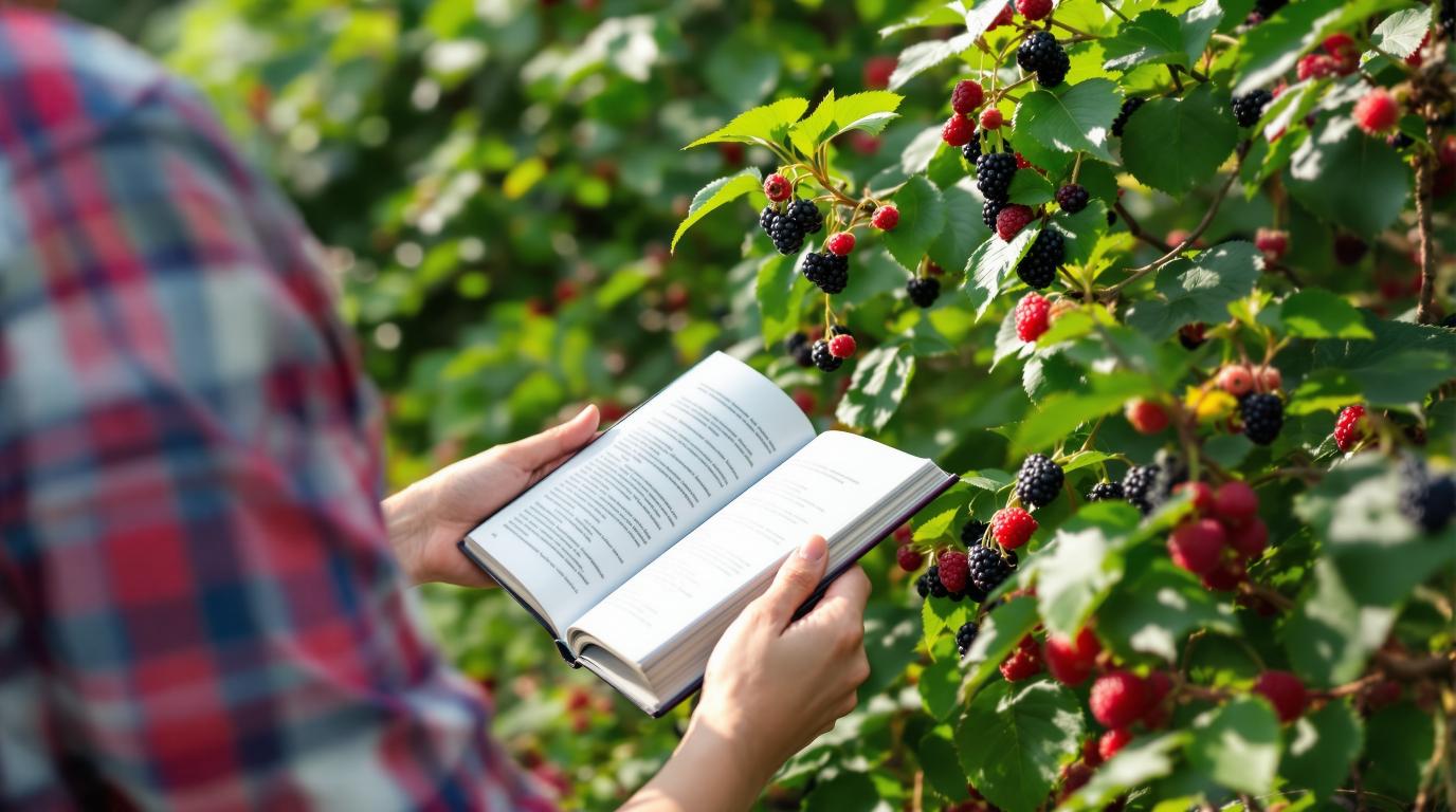 Person safely identifying edible wild berries using field guide in forest - wild berry foraging and identification guide for beginners