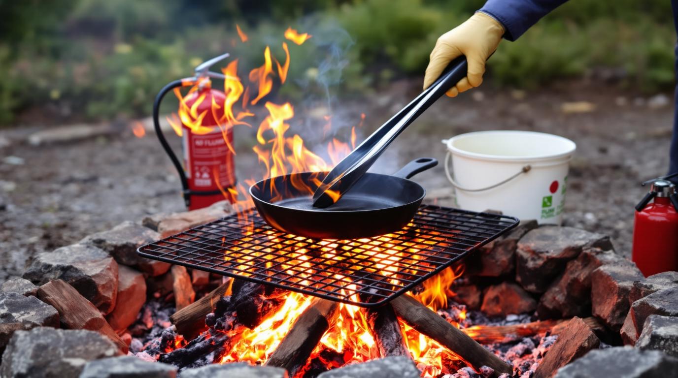 Safe outdoor campfire cooking scene with cast iron skillet on grill grate, person wearing heat-resistant gloves using long-handled tongs, fire extinguisher and water bucket nearby in cleared area, illustrating proper open flame cooking safety practices