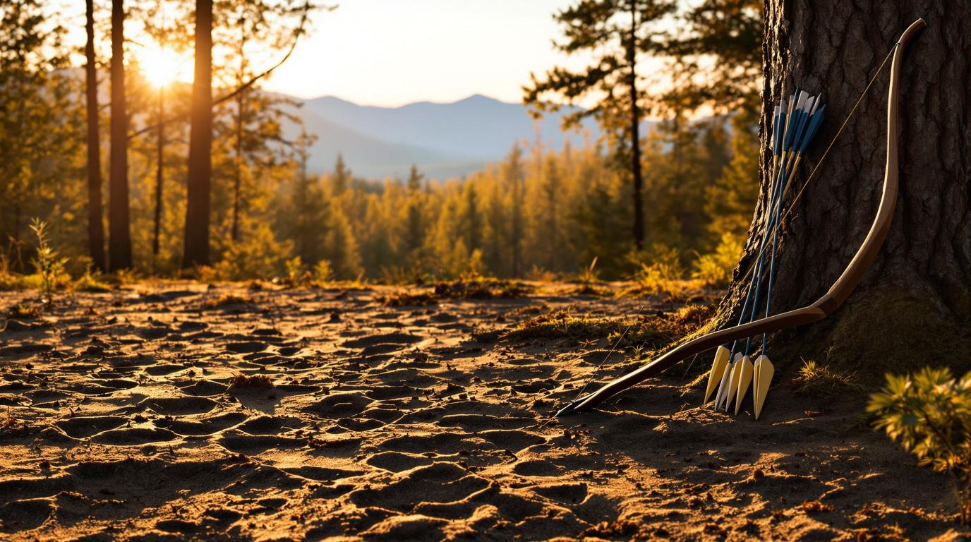 Traditional bow and arrows leaning against tree in forest clearing with animal tracks, illustrating ancient hunting techniques and primitive hunting methods used by indigenous cultures