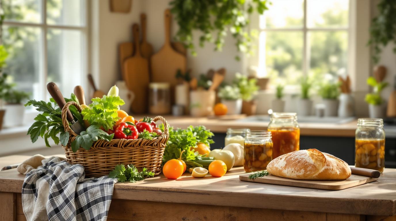 Warm rustic homestead kitchen table with woven basket of fresh harvested vegetables, mason jars filled with preserved foods, homemade bread on cutting board, and gardening tools, illustrating essential homesteading skills for self-sufficient living