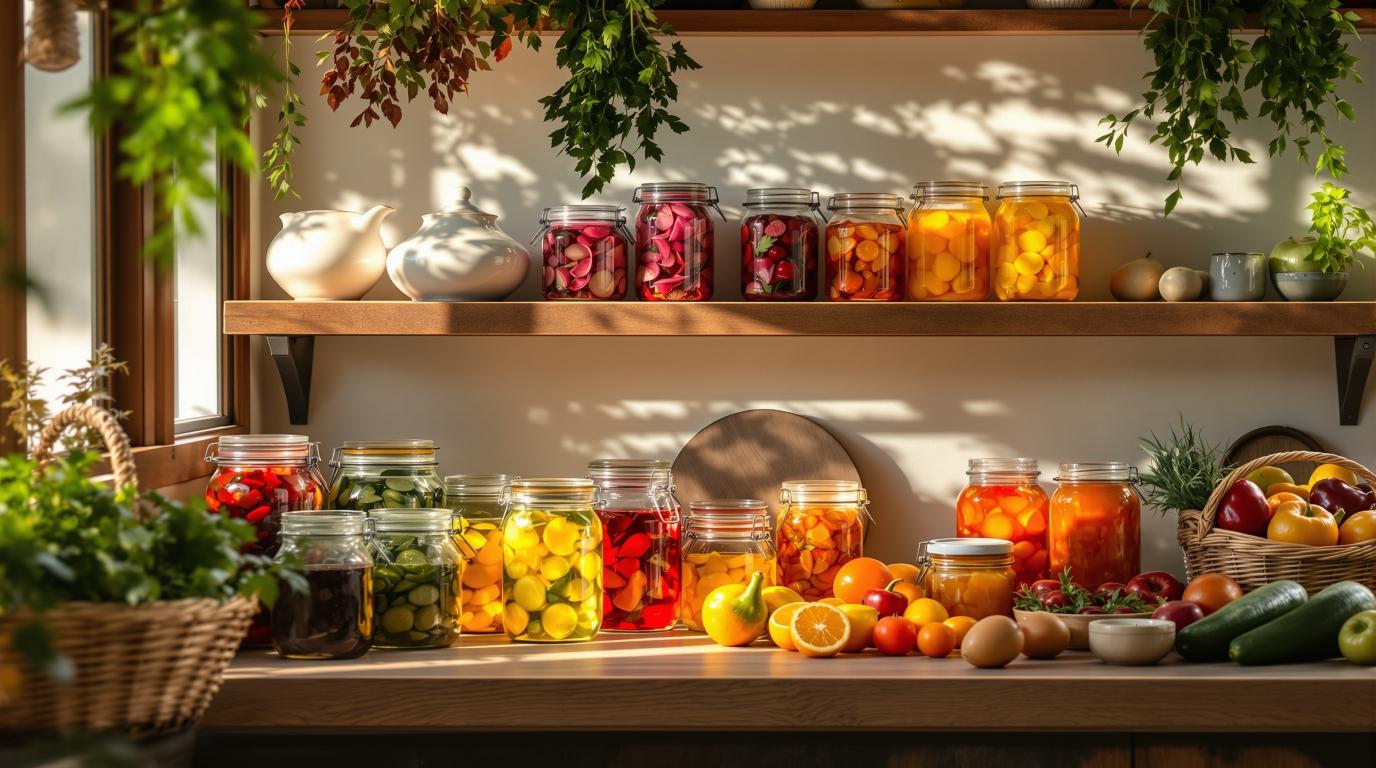 Traditional home food preservation with glass mason jars filled with colorful preserved vegetables and jams on wooden kitchen shelves, fresh produce in woven baskets, illustrating timeless food preservation basics and home canning methods