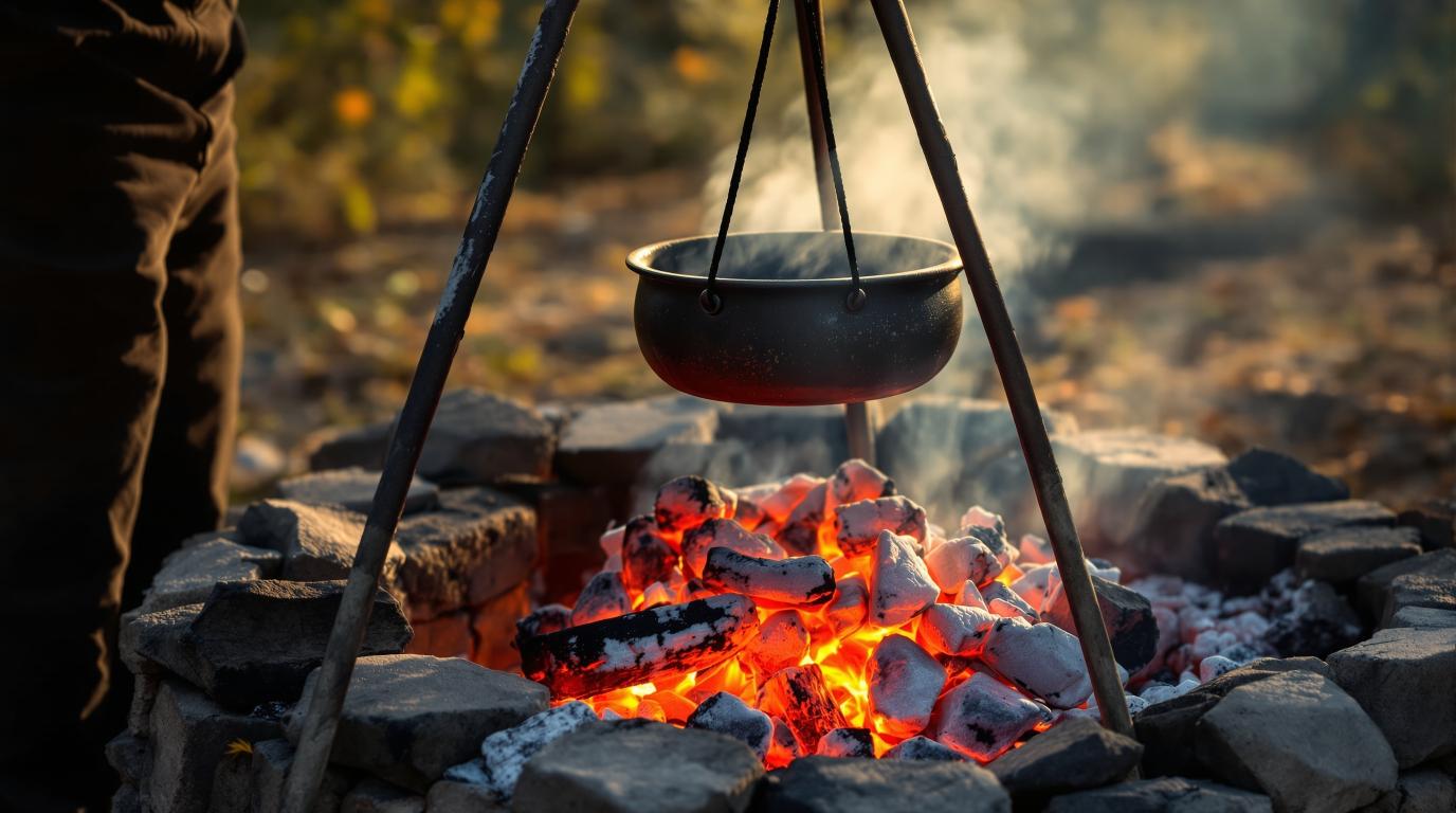 Traditional open fire cooking with cast iron pot hanging from tripod over hot coals and glowing embers - ancient outdoor cooking methods