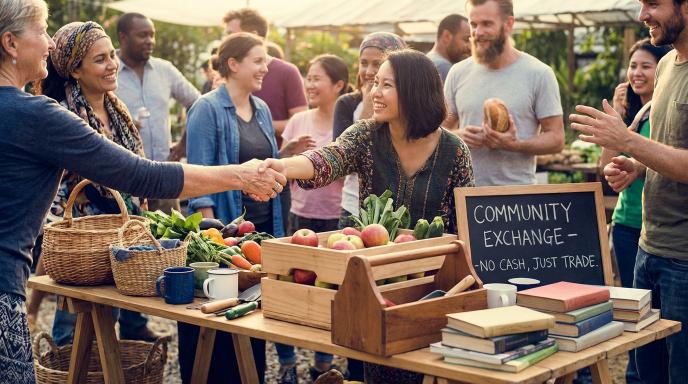 Diverse people shaking hands at community barter marketplace exchanging fresh vegetables homemade crafts tools and books demonstrating cashless economy trading without money
